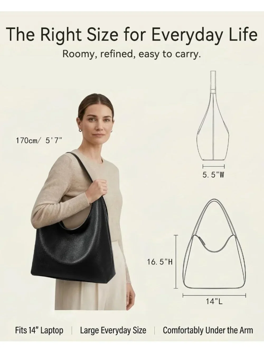 Stylish Large Hobo Tote Bag for Women, Soft Vegan Leather, Zipper Closure